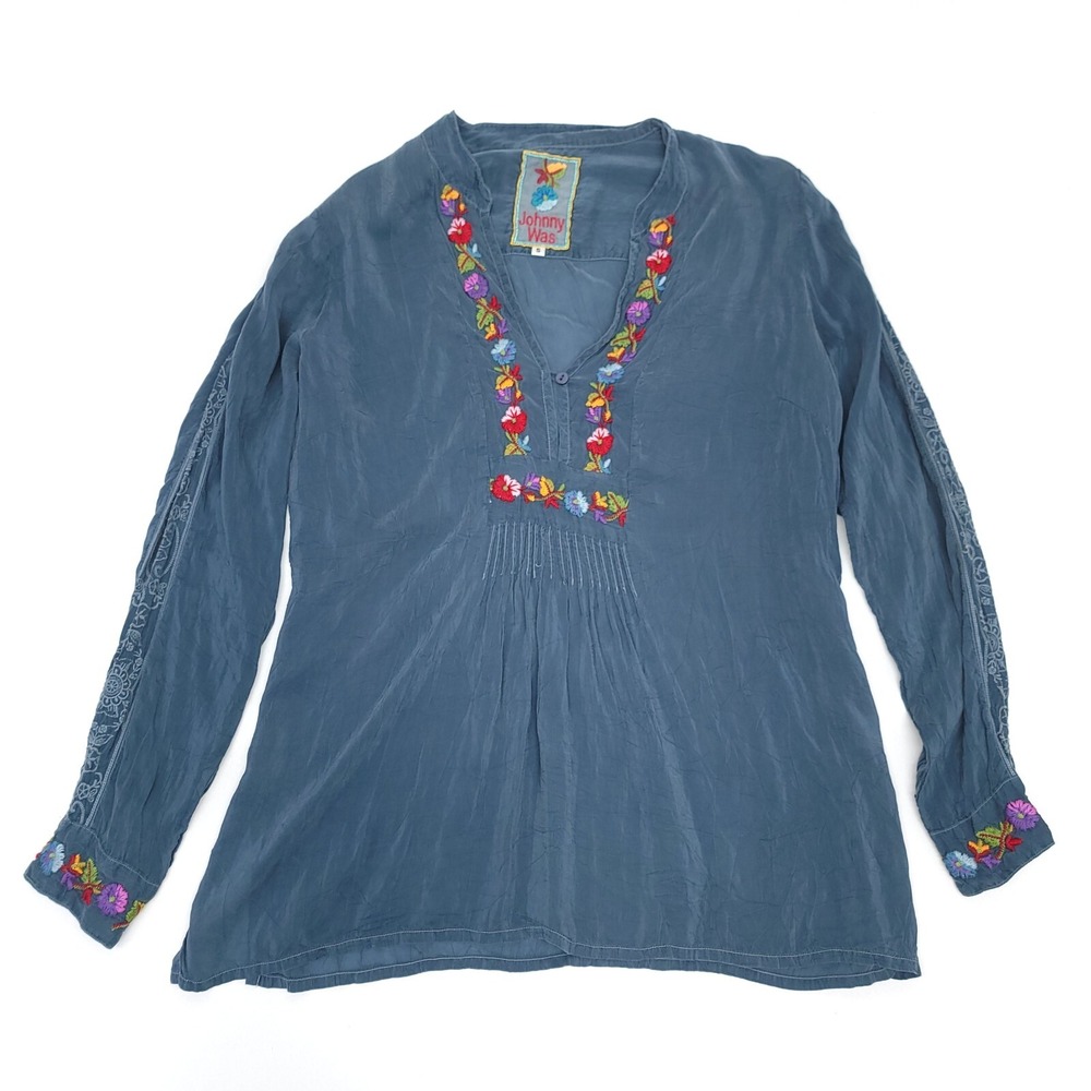 Johnny Was Embroidered V Neck Button Long Sleeve‎ Top Blue Rayon Size Small READ